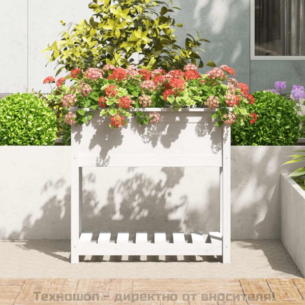 Плантер с рафт, бяла, 82,5x34,5x81 см, борово дърво масив