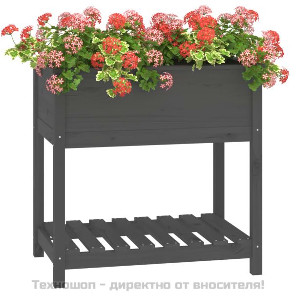 Плантер с рафт, сив, 82,5x54x81 см, борово дърво масив