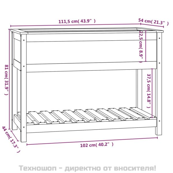 Плантер с рафт, бяла, 111,5x54x81 см, борово дърво масив