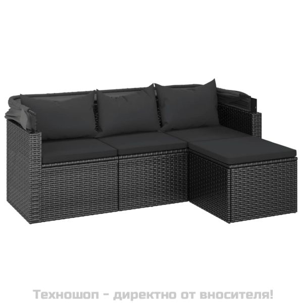 3-местен градински диван с покрив и табуретка черен полиратан