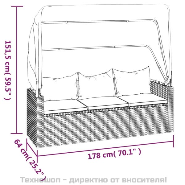 3-местен градински диван с покрив и табуретка черен полиратан