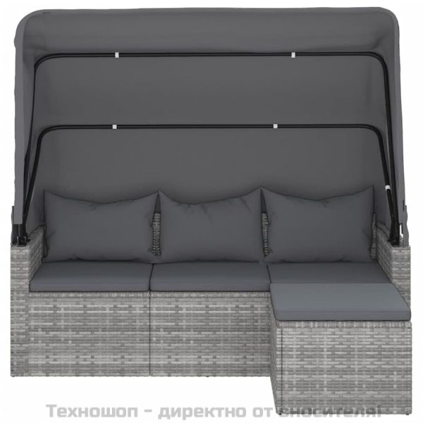 3-местен градински диван с покрив и табуретка, сив полиратан