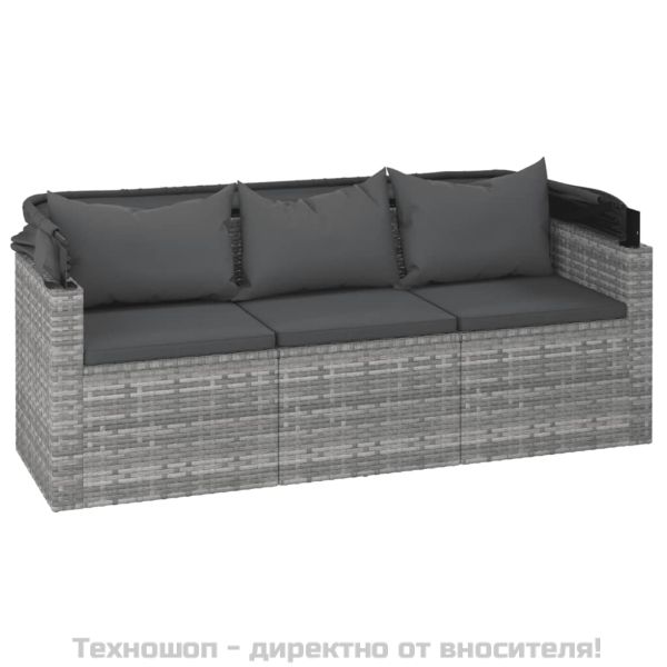 3-местен градински диван с покрив и табуретка, сив полиратан