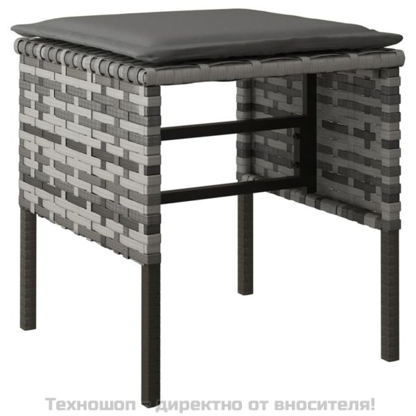 Градински табуретки с възглавници, 4 бр, сиви, полиратан