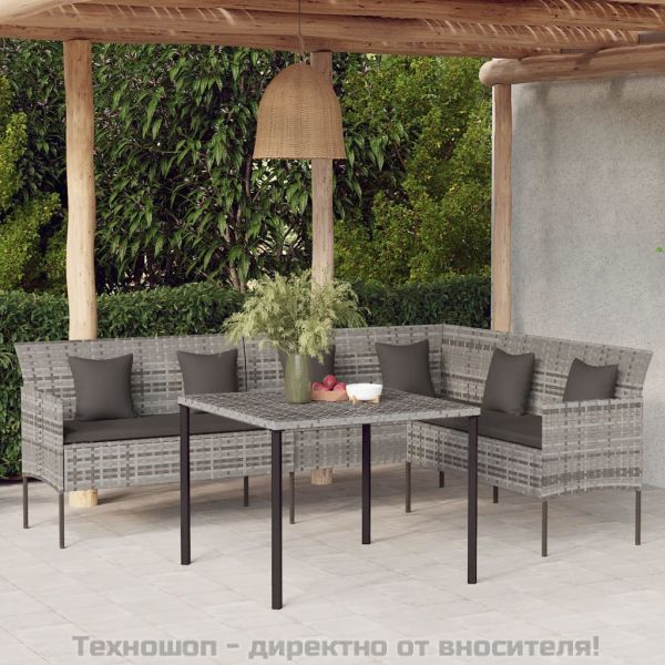 Г-образен градински диван с възглавници, сив полиратан