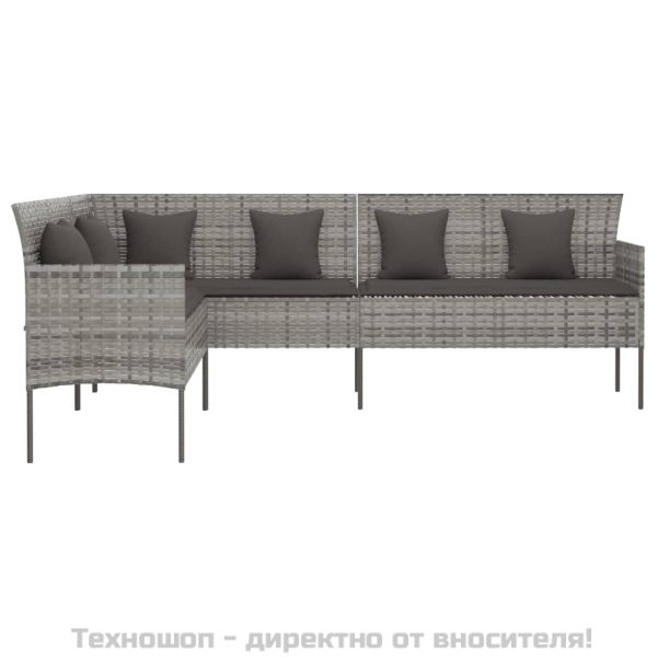Г-образен градински диван с възглавници, сив полиратан