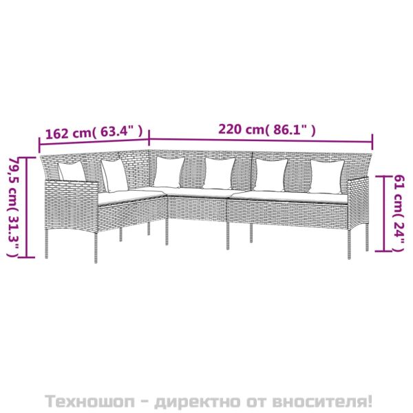 Г-образен градински диван с възглавници, сив полиратан