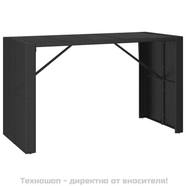 Бар маса със стъклен плот, черна, 185x80x110 см, полиратан