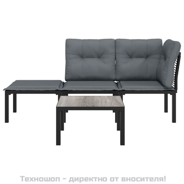 Градински лаундж комплект 4 части черно и сиво полиратан