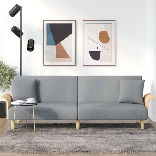 Разтегателно канапе с подлакътници, светлосиво, плат