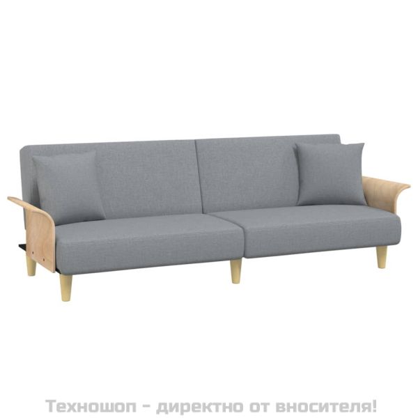 Разтегателно канапе с подлакътници, светлосиво, плат