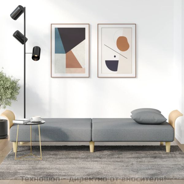 Разтегателно канапе с подлакътници, светлосиво, плат