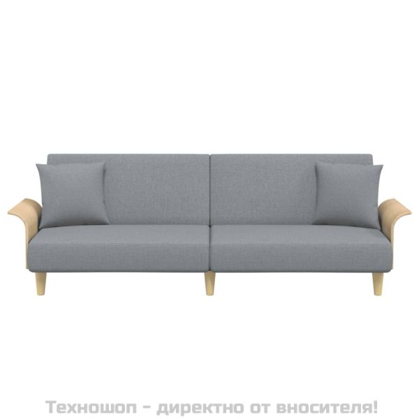 Разтегателно канапе с подлакътници, светлосиво, плат