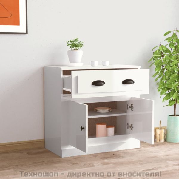 Сайдборд, бял гланц, 70x35,5x67,5 см, инженерно дърво