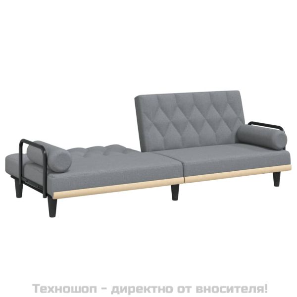 Разтегателно канапе с подлакътници, светлосиво, плат