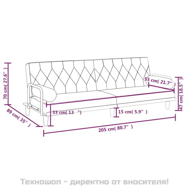 Разтегателно канапе с подлакътници, светлосиво, плат