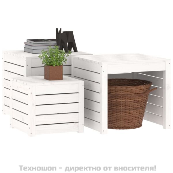 Комплект градински кутии от 3 части, бели, масивно дърво бор
