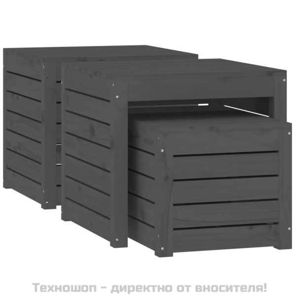 Комплект градински кутии от 3 части, сиви, масивно дърво бор