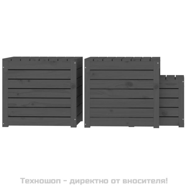 Комплект градински кутии от 3 части, сиви, масивно дърво бор