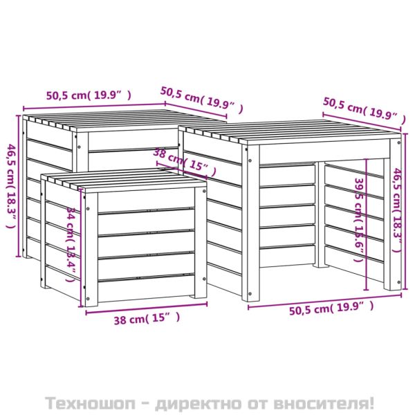 Комплект градински кутии от 3 части, сиви, масивно дърво бор