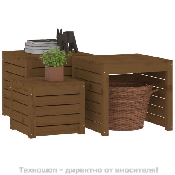 Комплект градински кутии от 3 части, меденокафяво, бор масив