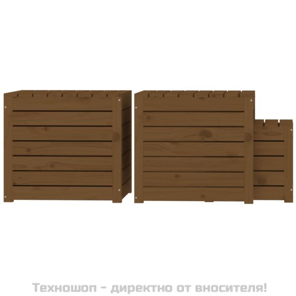 Комплект градински кутии от 3 части, меденокафяво, бор масив