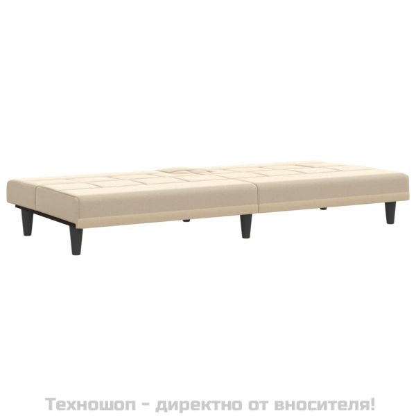 Разтегателен диван с поставки за чаши, кремав, плат