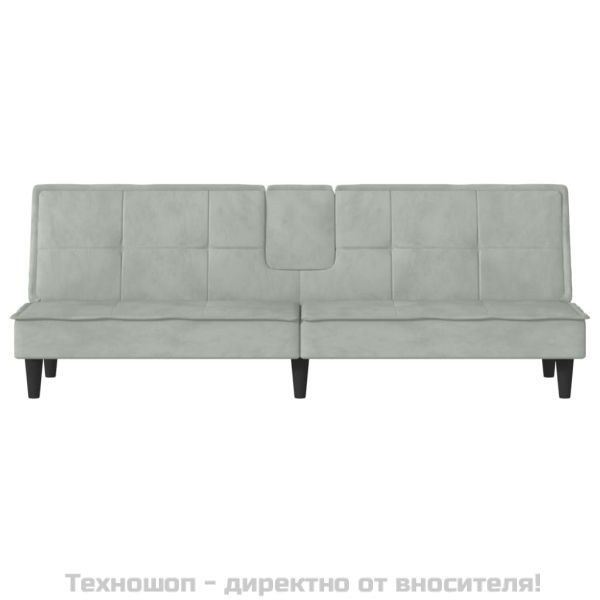 Разтегателен диван с поставки за чаши, светлосив, кадифе