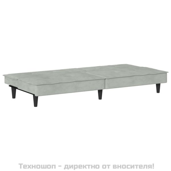 Разтегателен диван с поставки за чаши, светлосив, кадифе