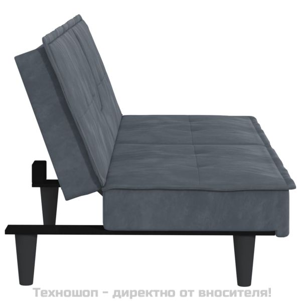 Разтегателен диван с поставки за чаши, тъмносив, кадифе