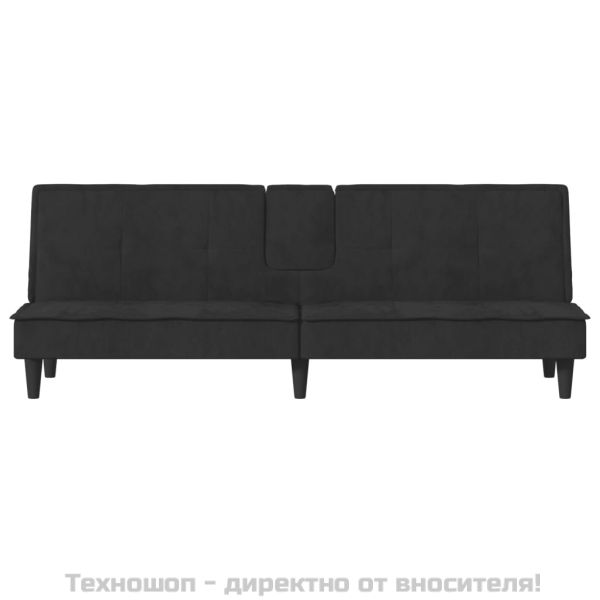 Разтегателен диван с поставки за чаши, черен, кадифе