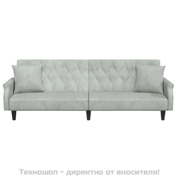 Разтегателно канапе с подлакътници, светлосиво, кадифе