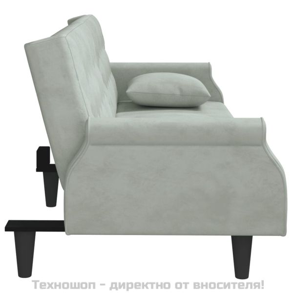 Разтегателно канапе с подлакътници, светлосиво, кадифе