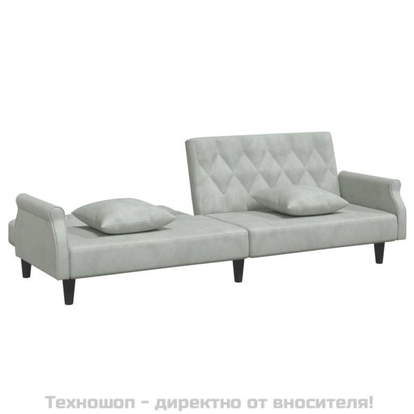 Разтегателно канапе с подлакътници, светлосиво, кадифе