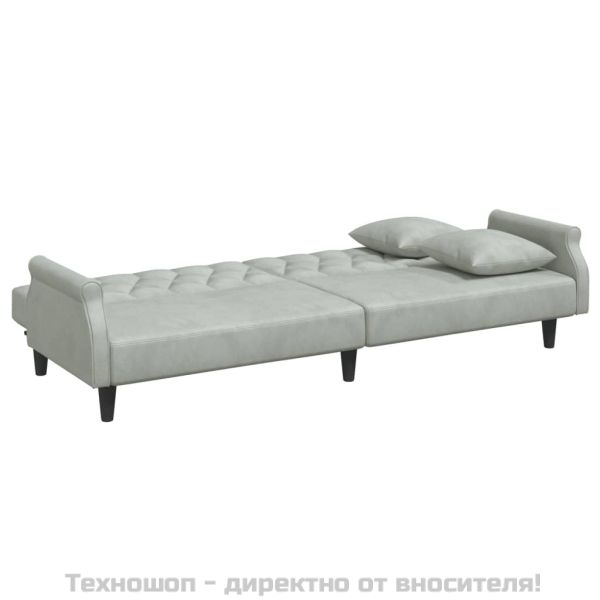 Разтегателно канапе с подлакътници, светлосиво, кадифе