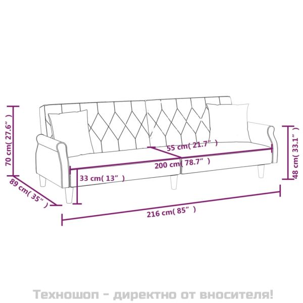 Разтегателно канапе с подлакътници, светлосиво, кадифе
