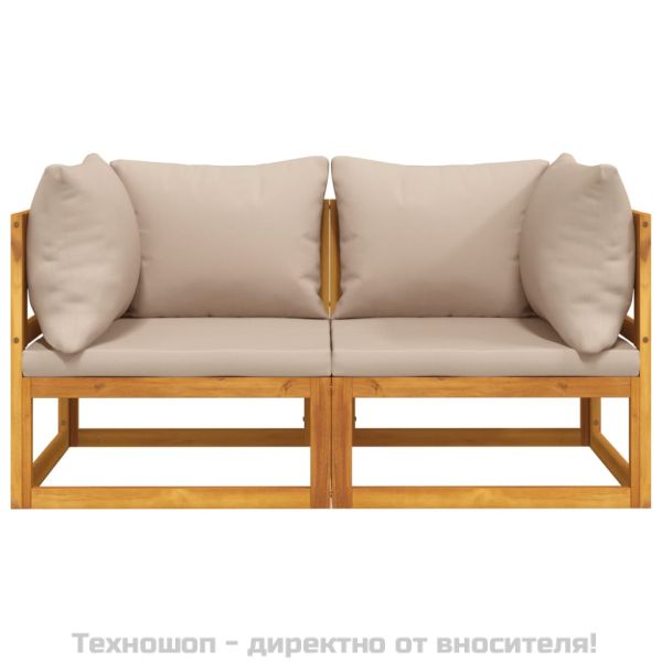 Модулен ъглов диван, 2 части, възглавници таупе, акация масив