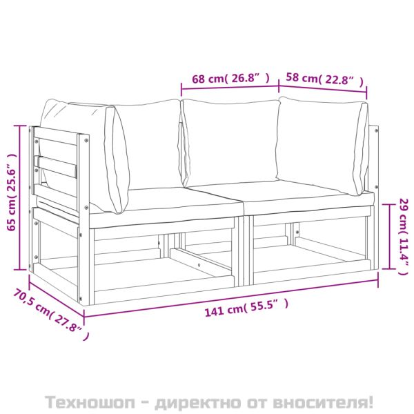 Модулен ъглов диван, 2 части, възглавници таупе, акация масив