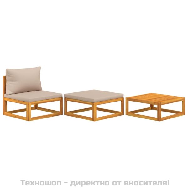 Градински лаундж комплект с възглавници, 3 части, акация масив