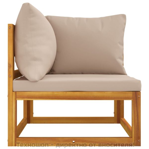 Модулен ъглов диван с таупе възглавници, акациево дърво масив