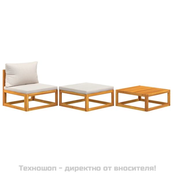 Градински лаундж комплект с възглавници, 3 части, акация масив