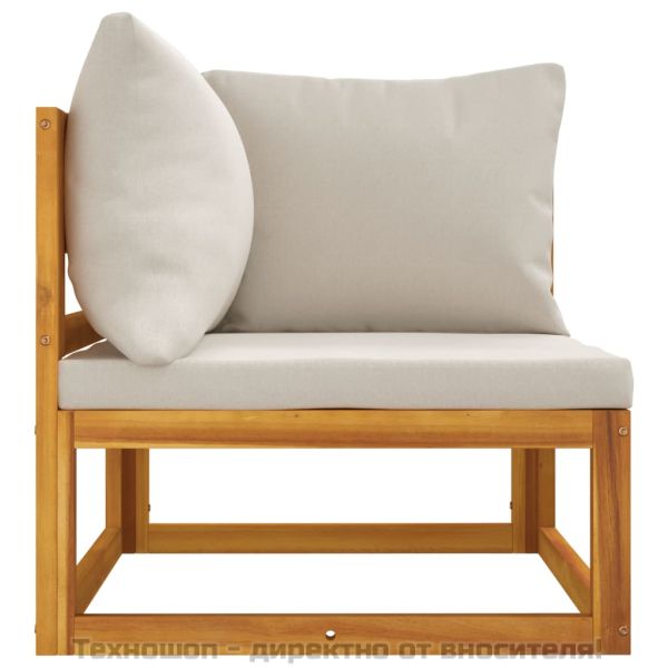 Модулен ъглов диван със светлосиви възглавници, акация масив