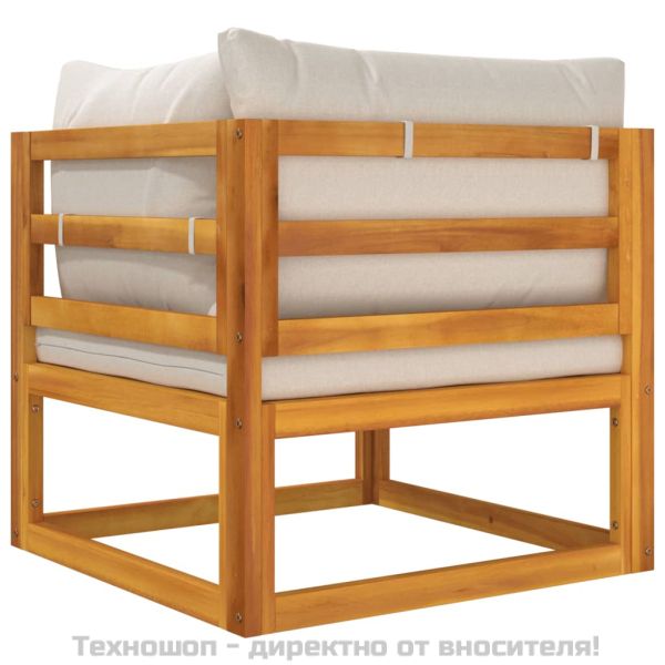 Модулен ъглов диван със светлосиви възглавници, акация масив