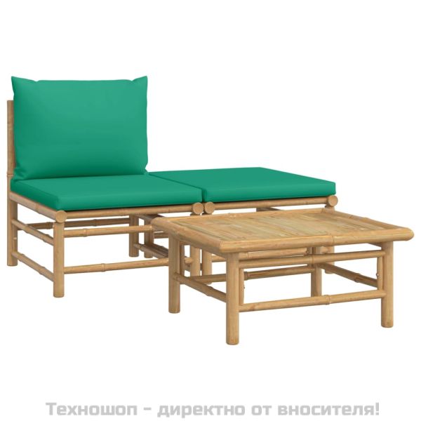 Градински лаундж комплект със зелени възглавници 3 части бамбук