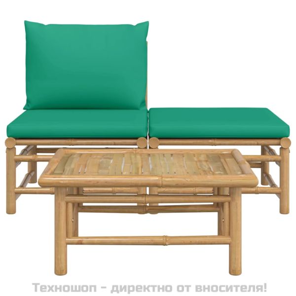 Градински лаундж комплект със зелени възглавници 3 части бамбук