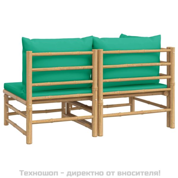 Градински лаундж комплект със зелени възглавници 2 части бамбук