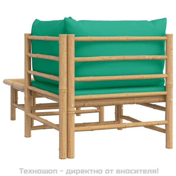 Градински лаундж комплект със зелени възглавници 2 части бамбук