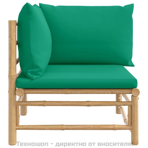 Градински ъглов диван със зелени възглавници бамбук