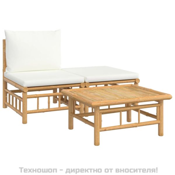 Градински лаундж комплект с кремави възглавници 3 части бамбук
