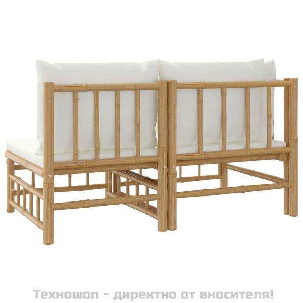 Градински лаундж комплект с кремави възглавници 2 части бамбук